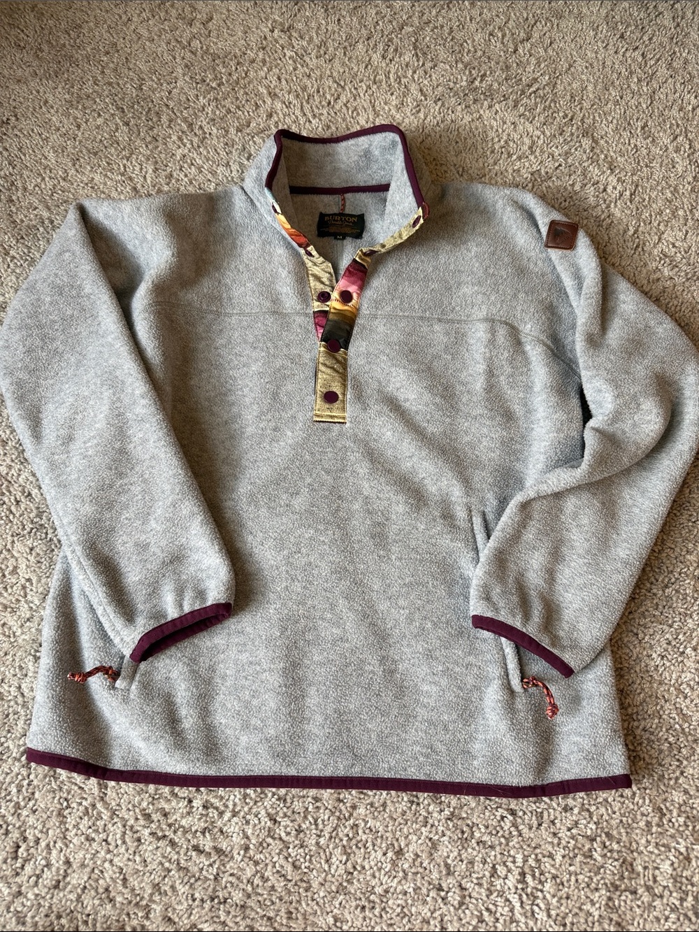 Burton Gray Pullover Zip-Up with Burgundy Trim and Patterned Placket